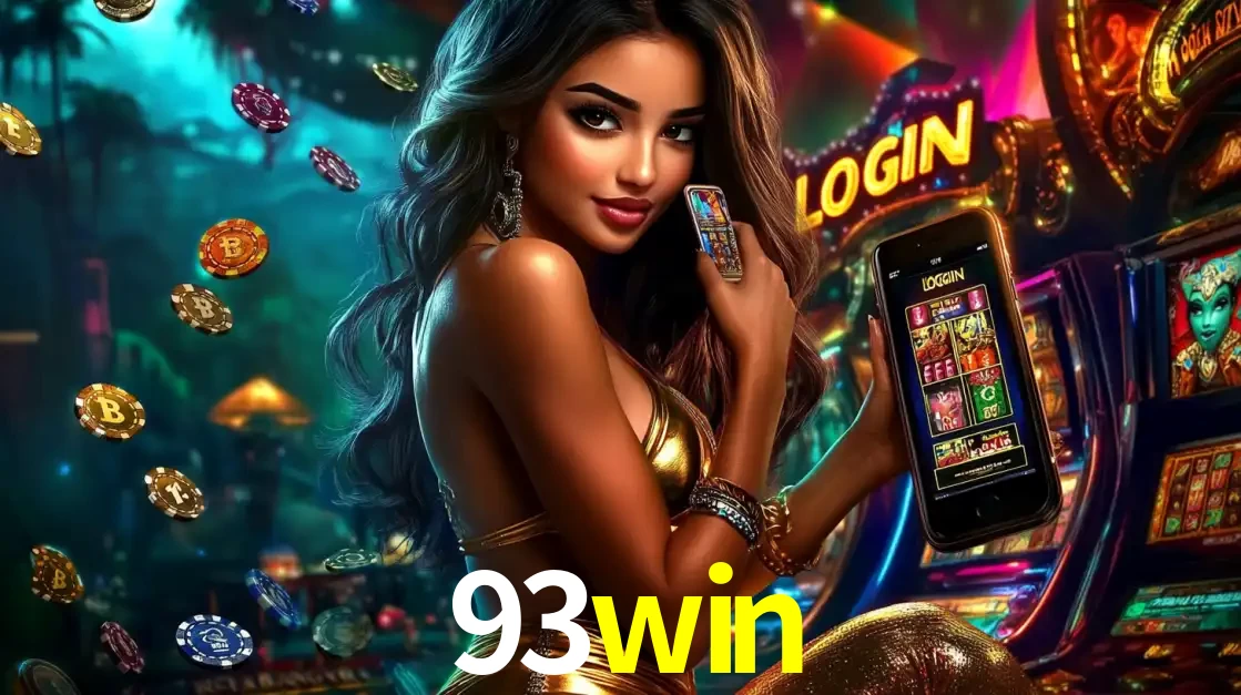 Mulher em um cenário de cassino temático de aventura, mostrando o app de caça-níqueis da 93win no celular. Fichas de apostas flutuam ao redor.