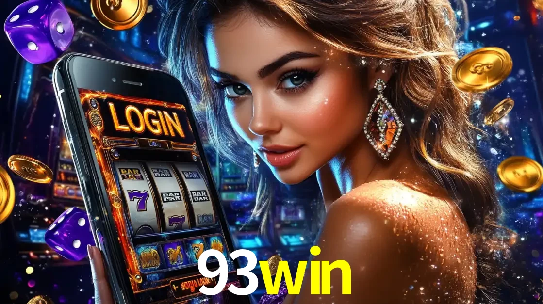 Mulher glamorosa segurando um smartphone com a tela de login para os jogos de caça-níqueis do cassino online 93win, com moedas de ouro e dados ao redor.