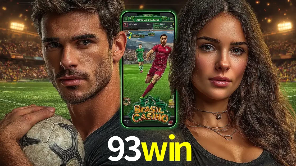 Homem segurando uma bola de futebol e uma mulher ao lado de um smartphone exibindo o jogo de apostas esportivas da 93win. Faça seu palpite no cassino online.